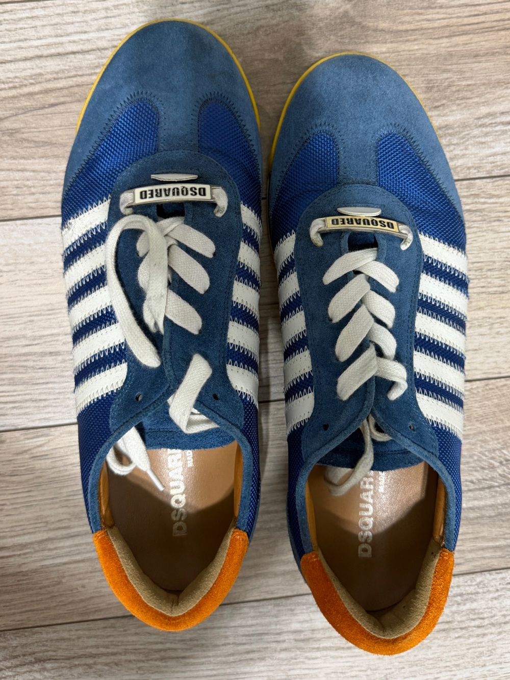 DSQUARED2 Blue, White & Orange Low-Top Lace-Up Sneakers with Yellow Outsole Trim